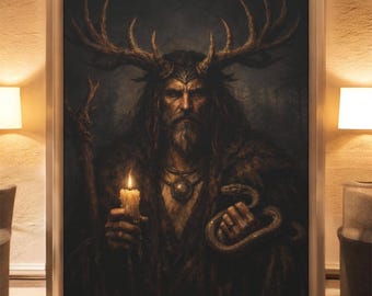 Cernunnos Horned God Canvas Wall Art: Dark Pagan Forest Deity, Gothic Mythology Decor