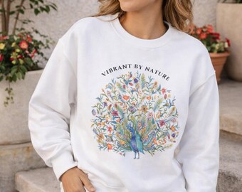 Peacock Floral Sweatshirt, Boho Nature Crewneck
