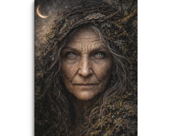 Witch Wall Art Canvas, Crone Goddess Portrait, Dark Academia Decor, Pagan Wise Woman Artwork, Gothic Mystical Feminine Art