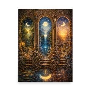 May include: A fantasy art print depicting three arched portals, each showcasing a different time of day. The left portal features a crescent moon, the center a full moon over a waterfall, and the right a sunset. Lush foliage and stone steps lead into each scene.