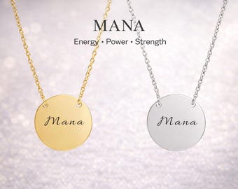 Mana Engraved Disc Necklace, Minimalist Gold Silver, Spiritual Energy Jewelry