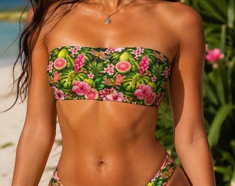 Bikini rosa guava ibisco, costume da bagno a fascia tropicale, costume da bagno con libellula, set bikini riciclato, abbigliamento da spiaggia floreale hawaiano