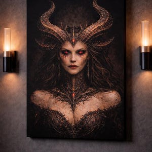 Lilith väggkonst canvas, mörk gudinna Lilith porträtt, gotisk häxdekor, ockult väggkonst, mörk feminin konst, hornad gudinna tryck