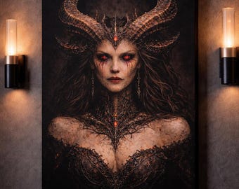 Lilith Wall Art canvas, portret donkere godin Lilith, decor gotische heks, occulte kunst aan de muur, donkere vrouwelijke kunst, print gehoornde godin