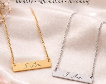 I Am Necklace Engraved Bar, Necklace Minimalist Affirmation Jewelry Gift for Her