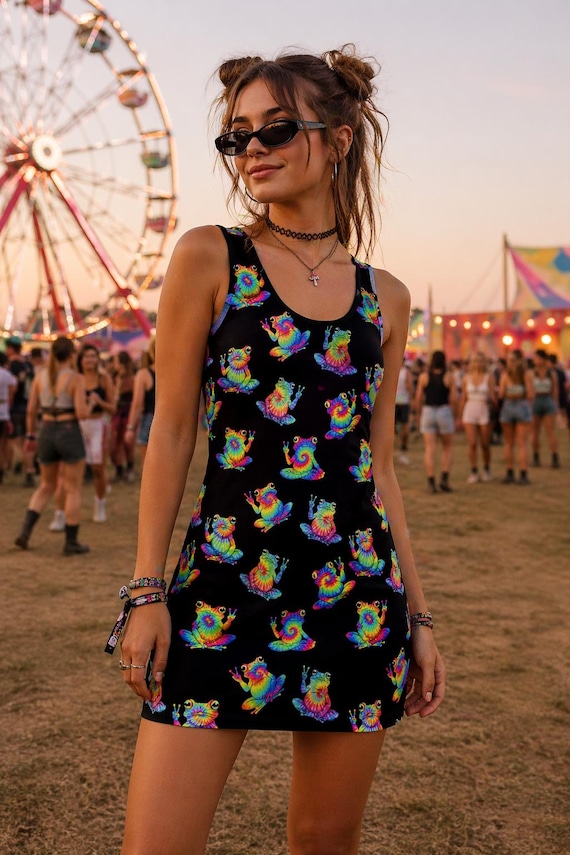 Buy Colorful Frog Dress, Psychedelic Frog Mini Dress, Cute Festival Dress, Funny Frog Outfit, Rainbow Frog Aesthetic, Matching Bikini Set Online in India