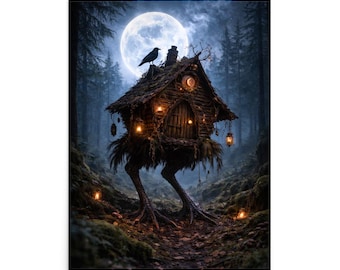 Baba Yaga Hut Poster, Dark Fantasy Wall Art, Witchy Cottage Decor, Slavic Folklore Art Print, Gothic Forest Cabin Artwork, Raven Moon Art
