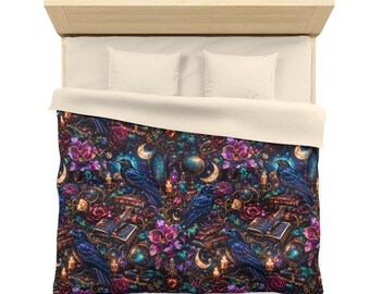 Funda nórdica Cuervo Místico, ropa de cama gótica, decoración de dormitorio con luna floral ocultista, ropa de cama celestial de bruja estilo academia oscura