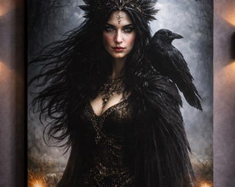 Dark Goddess Raven Wall Art, Morrigan Inspired Witch Decor, Gothic Fantasy Canvas, Dark Feminine Art Print, Pagan Witchy Home Decor