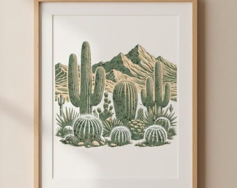 Arte de parede para imprimir com tema do deserto, estampa de paisagem com cactos do sudoeste americano, decoração boho neutra para o deserto, arte de montanha em estilo vintage, download instantâneo.