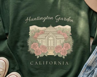 Moletom vintage botânico Huntington Garden, Gildan 18000, gola redonda aconchegante, estampa floral da Califórnia, presente para jardineiros.