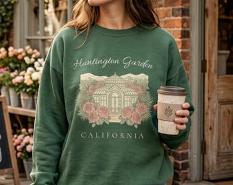 Moletom vintage botânico Huntington Garden, Gildan 18000, gola redonda aconchegante, estampa floral da Califórnia, presente para jardineiros.