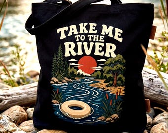 Sacola de lona preta "Leve-me ao Rio", sacola de compras reutilizável, bolsa para passeio de boia no rio, bolsa para uso diário, presente ecológico