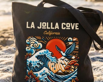 La Jolla Cove California Tote Bag, Black Canvas Beach Day Carryall