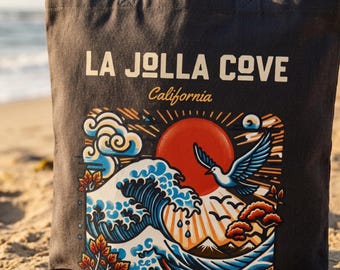 La Jolla Cove California Tote Bag, Black Canvas Beach Day Carryall