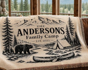 Personalized Woven Cotton Blanket, Family Camp Scene, Cabin Decor Throw