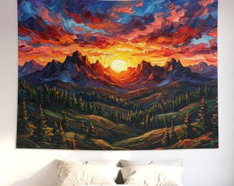 Mountain Sunset Tapestry, Painterly Landscape Wall Art, Neutral Rustic Decor
