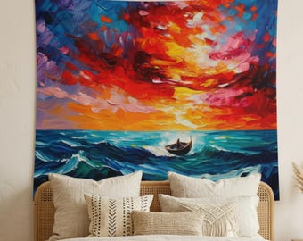Sunset Tapestry | Oil Paint Wave Seascape, Ocean Art, Abstract Seascape