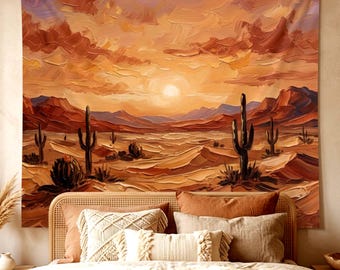 Boho Desert Wall Hanging, Neutral Southwestern Wall Decor, Cactus Tapestry
