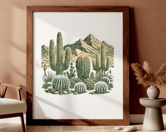 Prickly Pear Cactus Art Print, Vintage Southwestern Desert Landscape (Digital Download)