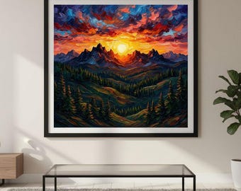 Mountain Landscape Print, Dramatic Sunrise Tones, Pine Valley Scenic Art (Digital Download)