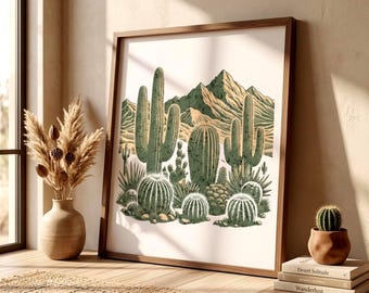 Prickly Pear Cactus Wall Art, Southwestern Landscape, Vintage Mountain Print (Digital Download)