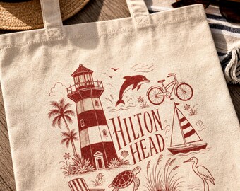 Hilton Head Lighthouse Tote Bag | Coastal Beach Illustration, Nautical Bicycle