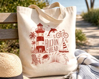 Hilton Head Lighthouse Tote Bag | Coastal Beach Illustration, Nautical Bicycle