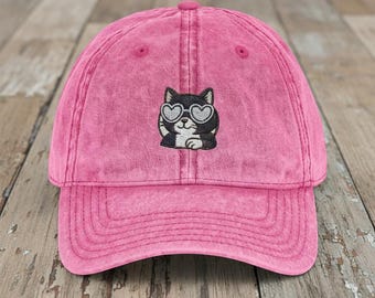 Embroidered Cat Baseball Cap, Vintage Distressed Cotton Hat, Cat Lover Accessory