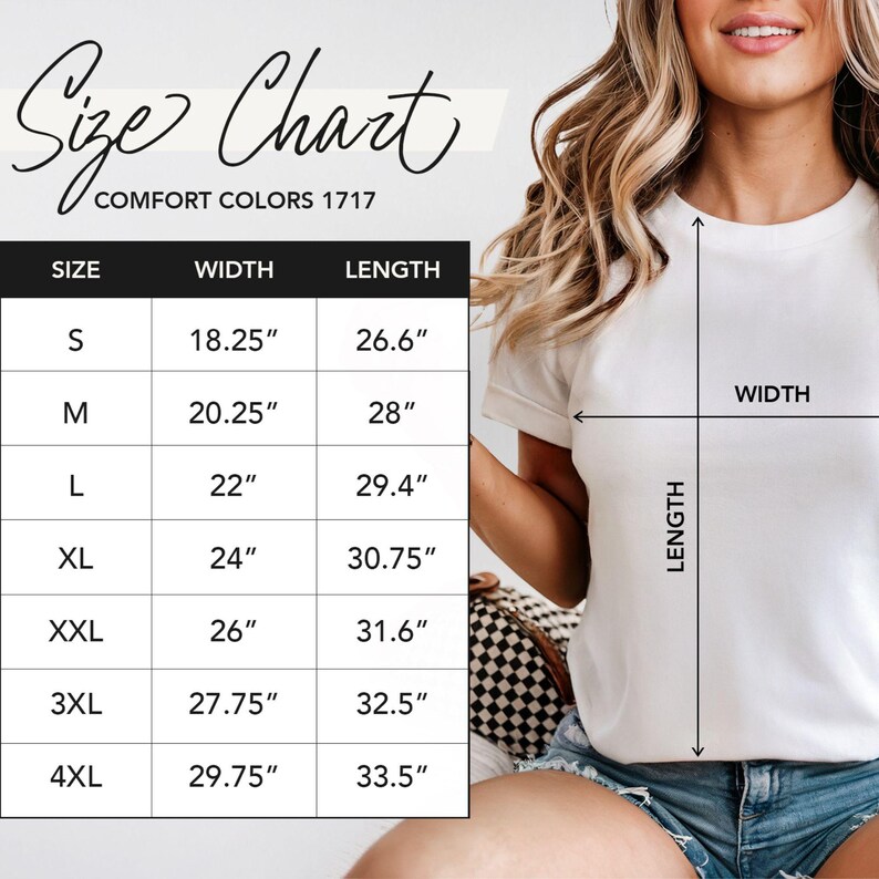以下が含まれることがあります： サイズチャート付きの白いTシャツ。Sから4XLまでのサイズの測定値を示し、幅は46.36cmから75.57cm、長さは67.56cmから85.09cmです。「Size Chart」の文字が上部にあります。