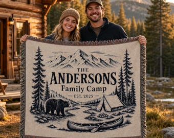 Personalized Woven Camping Blanket, Custom Family Camp Throw, 100% Cotton, Fringed Edges