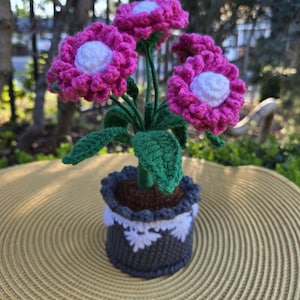 Handmade Crochet Potted Flowers - Pink and White Daisies in Decorative Grey Pot - Amigurumi Floral Decor - 9" Tall