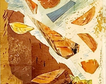 Autumn Leaves Floating By, watercolor collage, water scene, orange, brown, leaves