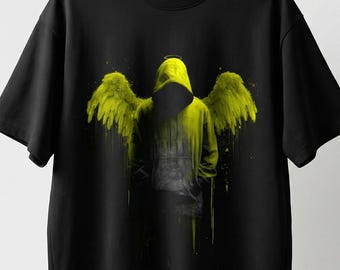 Cyber Angel Neon Graphic Boxy Streetwear T-Shirt Black
