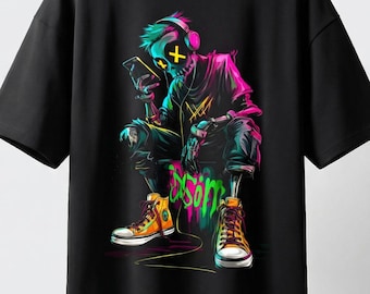 Camiseta urbana extragrande de peso pesado con gráfico de neón de zombi digital