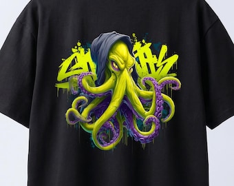Camiseta unisex de algodón puro con capucha de pulpo verde lima, ropa urbana gráfica
