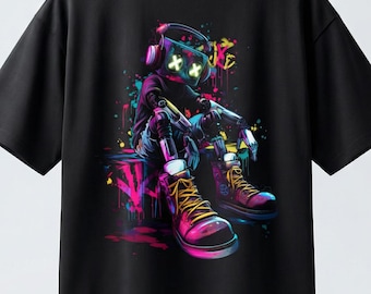 Camiseta extragrande con hombros caídos y gráfico de Cyber-Bot de neón