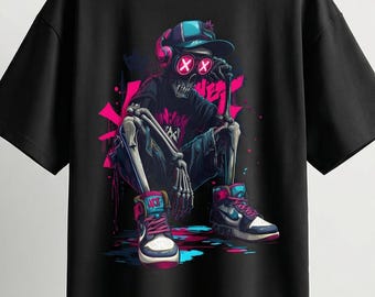 Camiseta urbana extragrande con gráfico de esqueleto con fallo de neón