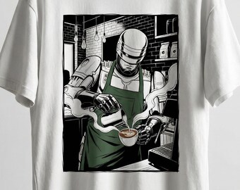 Camiseta urbana holgada con hombros caídos y estampado gráfico de Robo Barista