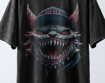 Beast Cap Graphic Snow Wash Oversized Streetwear T-Shirt Charcoal