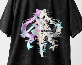 Camiseta urbana extragrande con efecto nieve y efecto de archivo corrupto de anime Glitch
