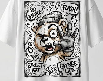 Camiseta urbana holgada con hombros caídos y estampado de oso grunge sin fotos