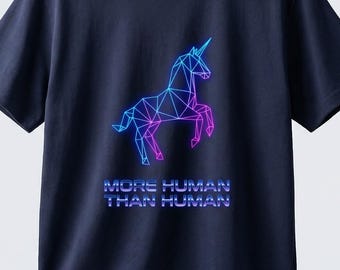 Camiseta urbana cyberpunk con gráfico de unicornio neón más humano que humano