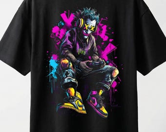 Camiseta urbana extragrande con hombros caídos y gráfico de jugador de neón Joker Glitch