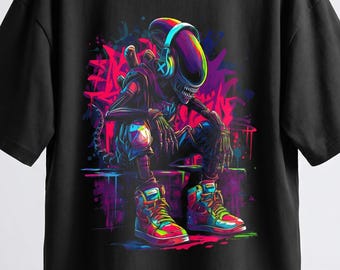 Camiseta esencial de algodón con gráfico de jugador Xenomorph para niños, ropa urbana neón