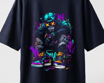 Camiseta urbana con hombros caídos y grafiti de mono neón