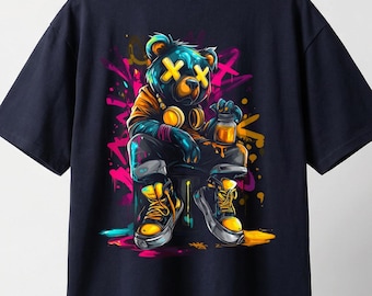 Camiseta urbana extragrande de peso pesado con gráfico de oso con fallas de neón