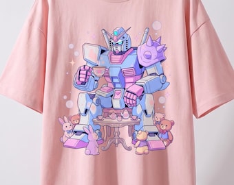 Kawaii Mecha Tea Party Graphic Oversized Streetwear T-Shirt Drop Shoulder Relaxed Fit