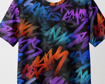 Camiseta urbana regular con estampado de grafiti multicolor abstracto por todas partes