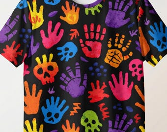 Colorful Handprint and Skull All Over Print Unisex Streetwear Tee